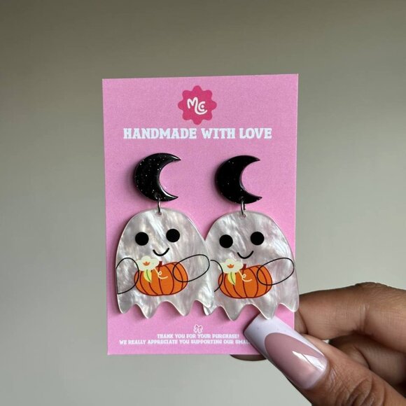 Ghost Pumpkin Earrings — Cute Halloween Fall Dangle Spooky Jewelry Kawaii - Picture 3 of 4
